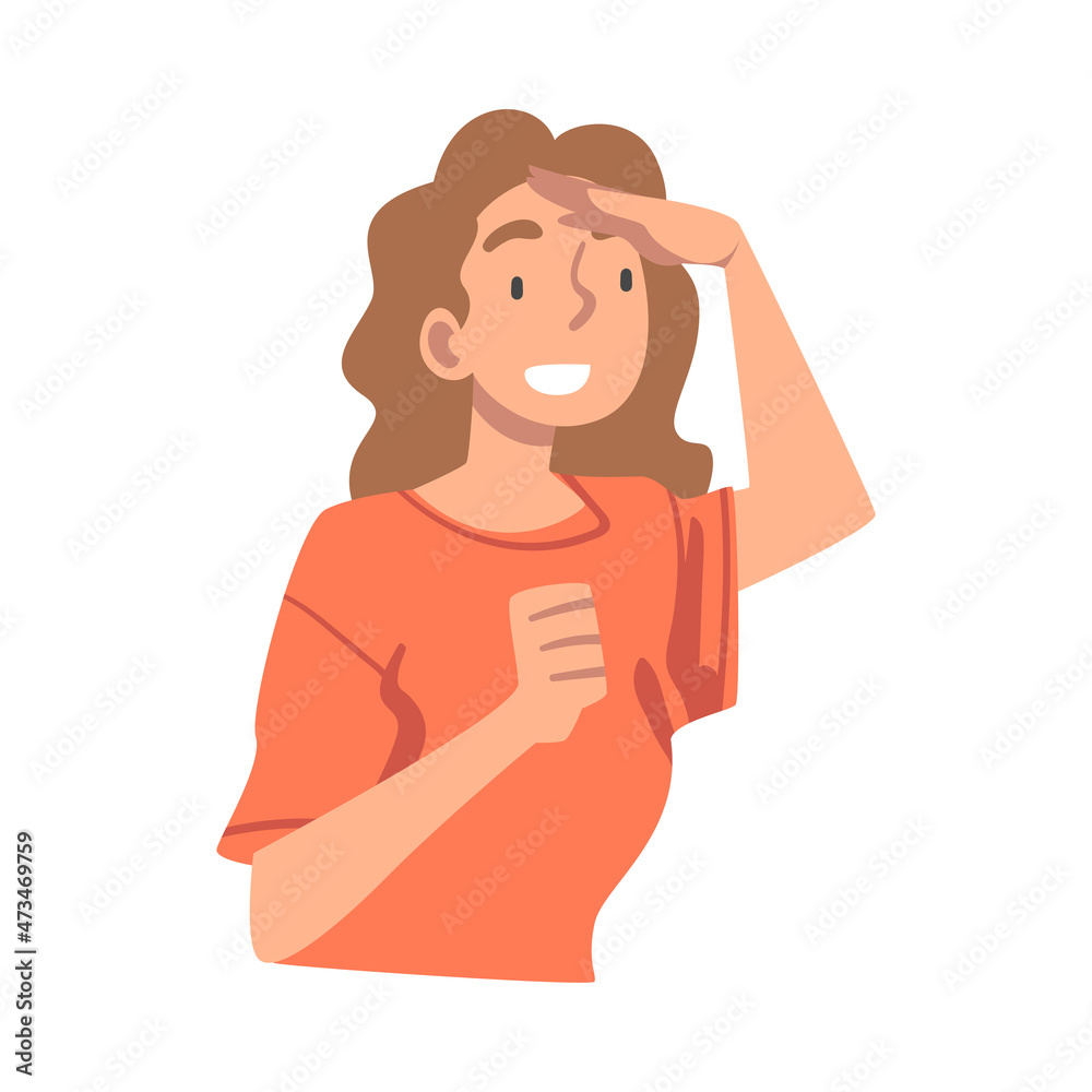 Looking Into Future Smiling Woman Character with Her Hand on Forehead Vector Illustration Looking Into Future Smiling Woman Character with Her Hand on Forehead Vector Illustration