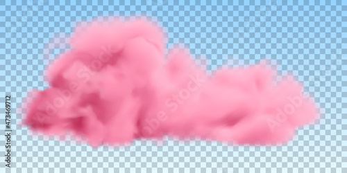 Realistic pink cloud isolated on transparent background. Vector fluffy smoke in a blue sky.