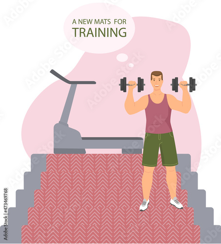 New mats for training, Man with dumbbells training apparatus enjoying healthy lifestyle doing sports exercise with treadmill. Home workout. Male personal training at sports carpet. Working out at home