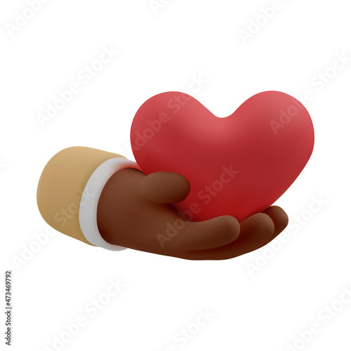 3d icon, black skinned hand holding heart shape gesture. Vector cartoon love symbol clip art. Realistic illustration of donation, insurance or chatiry