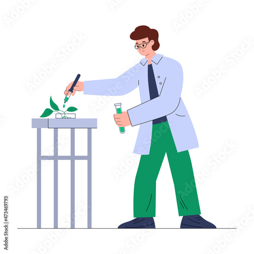 Bioengineer conducting researches on plants, flat vector illustration isolated.