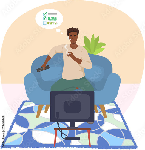 Man watches TV on sofa. Guy sitting on couch smoking cigarette and watching an advertisement about carpets on television set. Going to order new rug for interior design of living room, choice of tapis