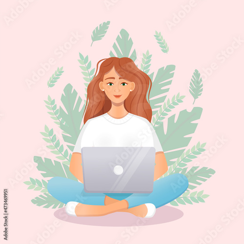 Cute red haired woman sits at a laptop while sitting in nature. Flat vector illustration of freelance, work at home, work, office, education, training. Remote work and communication in social networks