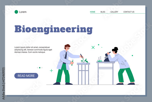 Bioengineering of genetically modified food website, flat vector illustration.