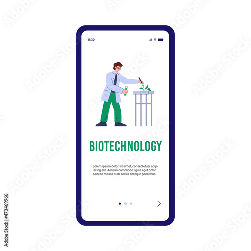 Biotechnology and engineering onboarding screen, flat vector illustration.