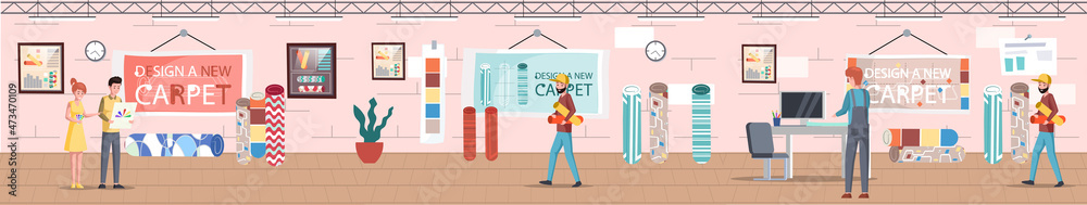 People working on design of new carpet, interior shop scenes set. Manufacture, sale of carpets and materials. Designers stand near rug in room with rolled carpets, choose materials, textile factory People working on design of new carpet, interior shop scenes set. Manufacture, sale of carpets and materials. Designers stand near rug in room with rolled carpets, choose materials, textile factory