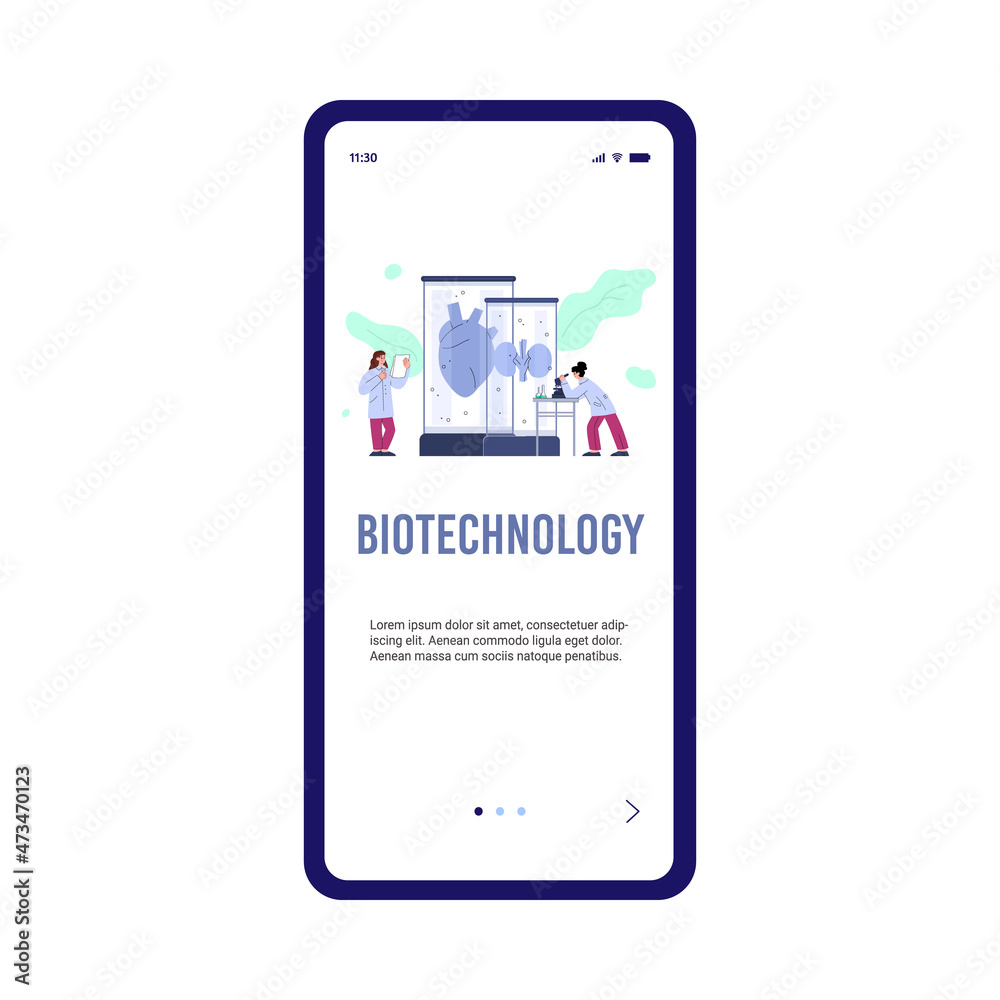 Biotechnology medical research onboarding page, flat vector illustration. Biotechnology medical research onboarding page, flat vector illustration.