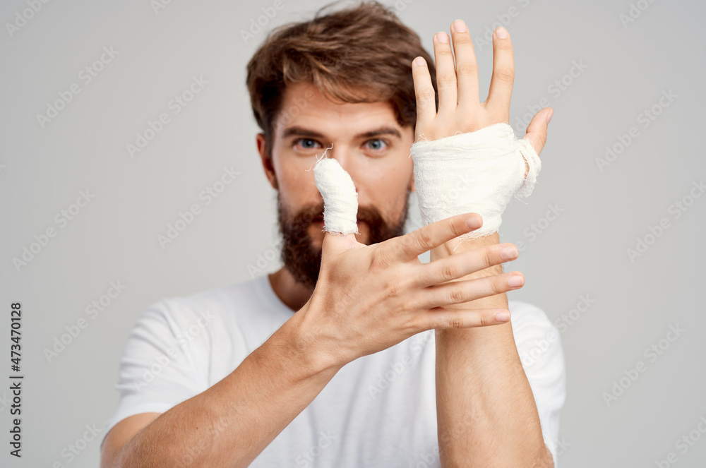 male patient hand injury treatment health problems emotions isolated background male patient hand injury treatment health problems emotions isolated background