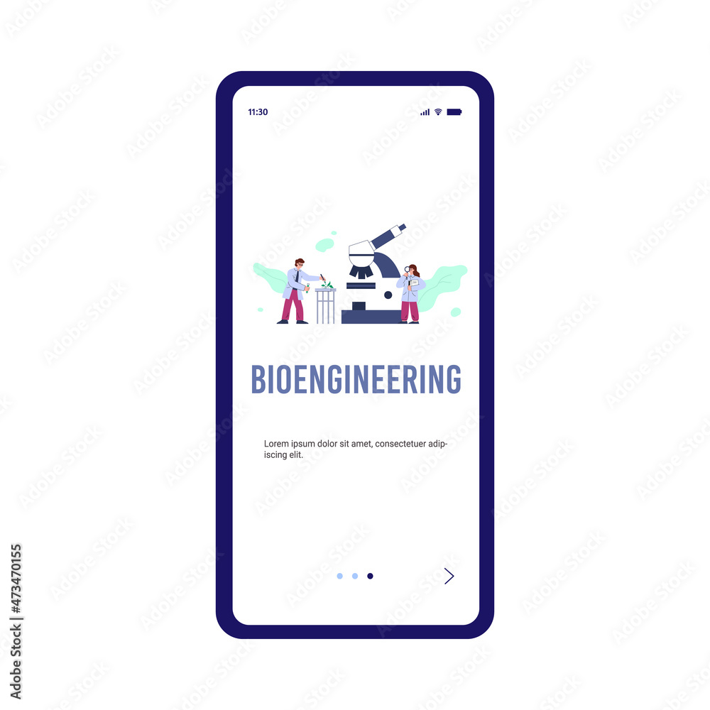 Bioengineering research and technology mobile page, flat vector illustration. Bioengineering research and technology mobile page, flat vector illustration.
