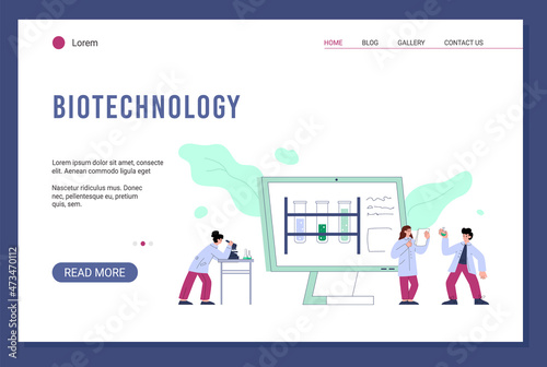 Biotechnology lab research and development website, flat vector illustration.