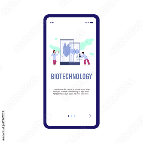 Biotechnology medical research onboarding page, flat vector illustration.