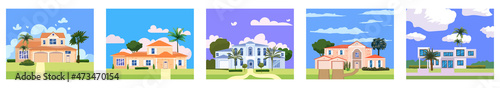 Collection Residential Home Buildings in landscape tropic trees, palms. House exterior facades front view architecture family cottages houses or mansions apartments, villa. Suburban property