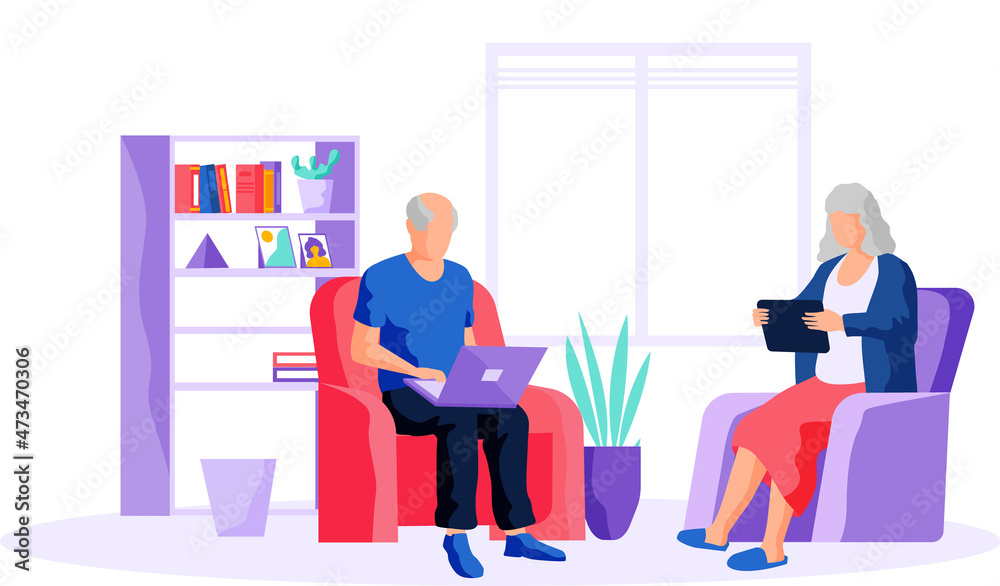 Obraz premium Elders learn new technologies, work and communicate through gadget. Man tries to use computer and surfs internet. Grandmother looking for information in tablet. Old people spend time on social media