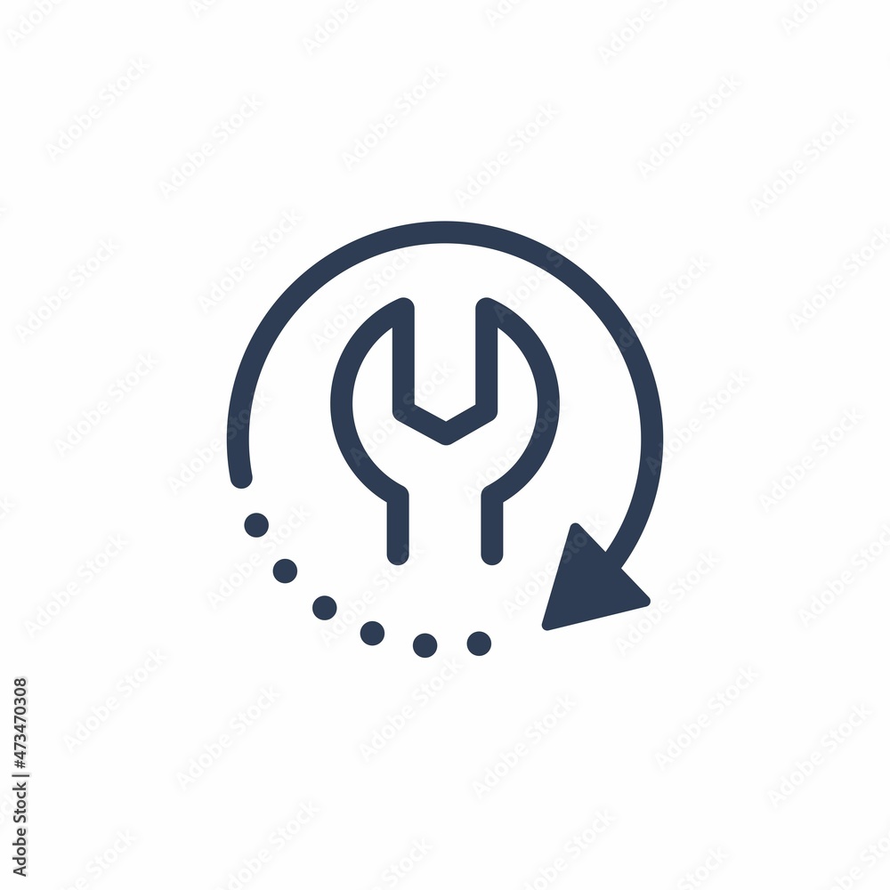Wrench and movement arrow. Restore the process. Vector linear icon isolated on white background. Wrench and movement arrow. Restore the process. Vector linear icon isolated on white background.