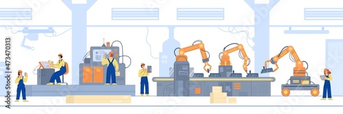 Robotic line with robot arms and conveyor belt flat vector illustration isolated.