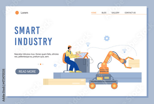 Smart industry website with worker controls equipment, flat vector illustration.