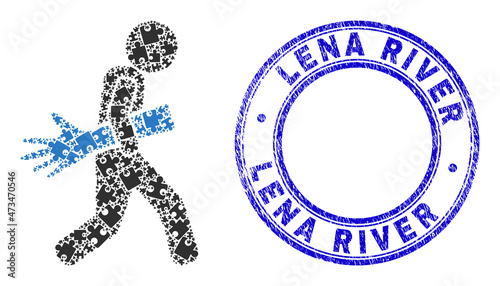 Puzzle maneken hand courier mosaic icon with Lena River watermark. Blue vector rounded scratched watermark with Lena River message.
