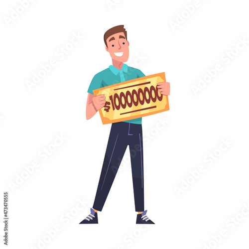Happy Man Holding Cheque with Lump Sum as Lottery Gain Vector Illustration