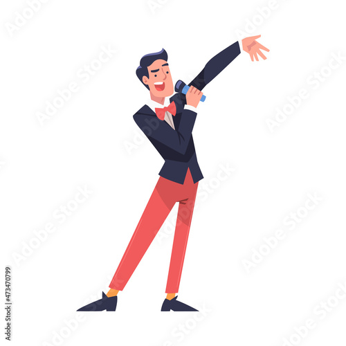 Lottery with Smiling Man Presenter with Microphone Announcing Winner Vector Illustration photo
