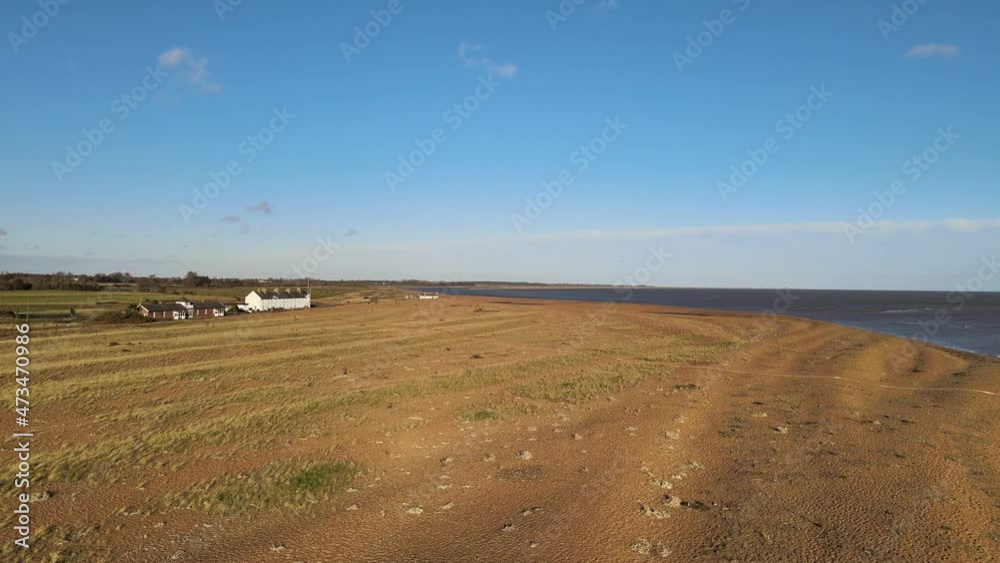 Nature reserve Aerial drone view shingle street Suffolk bright sunny day Nature reserve Aerial drone view shingle street Suffolk bright sunny day