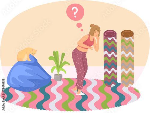 Concept of choosing fabric. Woman thought, stands near rolled carpets at home in living room. Girl equips apartment, selects design for room, thinking about flooring. Floor mat with colorful patterns