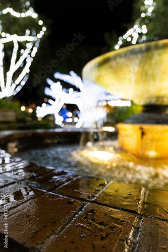 Park Fountain with Holiday Lights