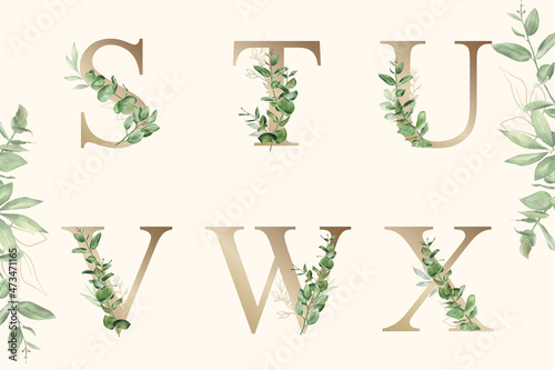 Watercolor floral alphabet set of s, t, u, v, w, x with hand drawn Foliage