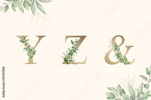 Watercolor floral alphabet set of y, z, and with hand drawn Foliage