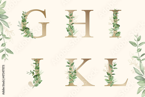 Watercolor floral alphabet set of g, h, i, j, k, l with hand drawn Foliage