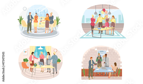 Happy woman or girl businesswoman receives congratulations from their colleagues in office. Clerk got promotion at work. Business team communication, corporate unity and effective interaction