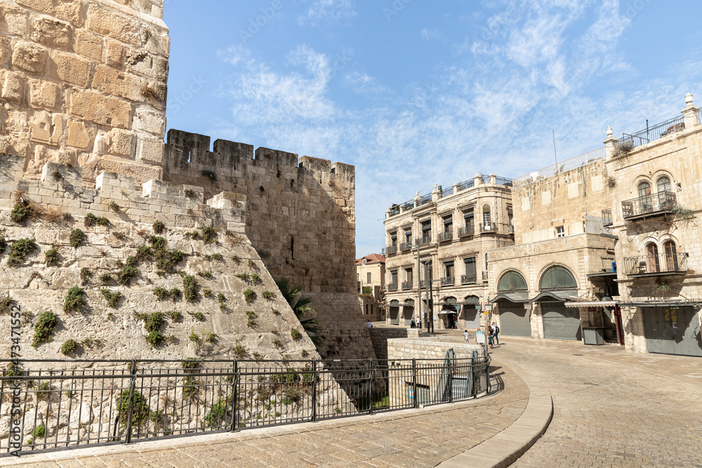 Outer walls of the City of David near the Jaffa Gate in the old city of Jerusalem, Israel
