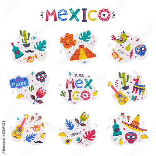 Bright Mexico Elements and Symbols Composition Vector Set