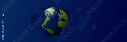 Happy New Year 2022 banner with numbers 2022 and decoration with Earth map. Banner template design for New Year decoration with paper cut style in world breaking news concept. 