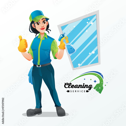 Cleaning Service Beauty Woman Character With Green Blue Uniform