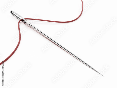 Sewing needle and rope isolated on white background. 3D illustration