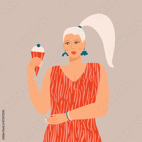 Portrait of a young woman standing with an ice cream in her hands. Flat vector illustration with a cute blonde girl