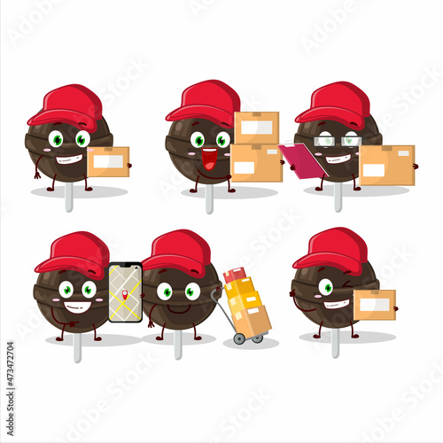 Cartoon character design of sweet chocolate lolipop working as a courier