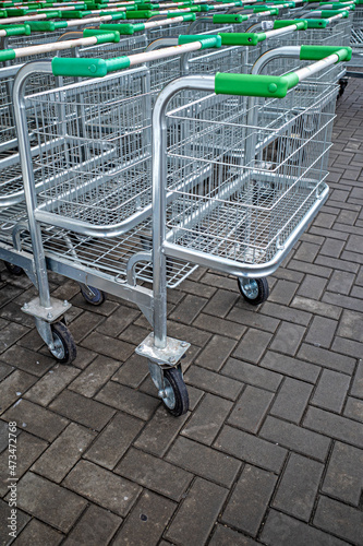Shopping carts at the entrance to the store close-up