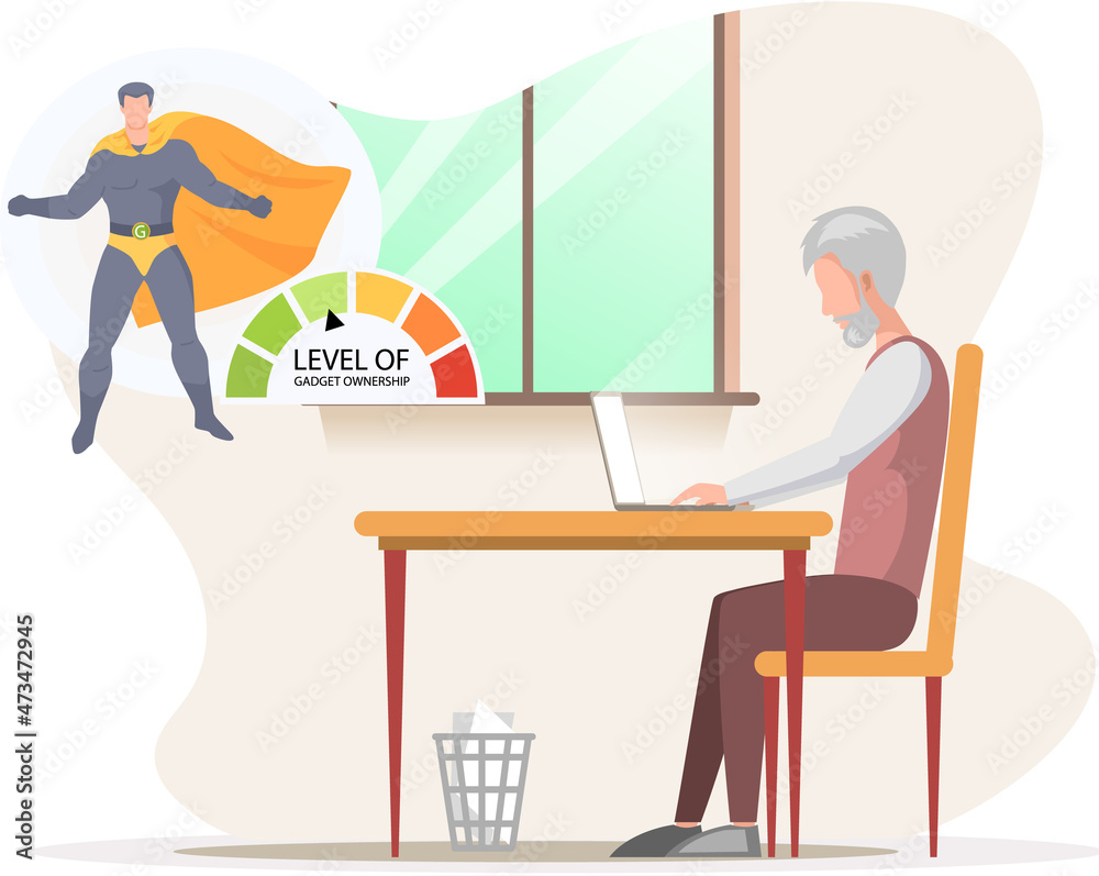 Old man with computer at workplace. Increasing level of gadget ownership. Elderly male character sitting at table with laptop. Senior person dealing with technology, using gadget, freelancing Old man with computer at workplace. Increasing level of gadget ownership. Elderly male character sitting at table with laptop. Senior person dealing with technology, using gadget, freelancing