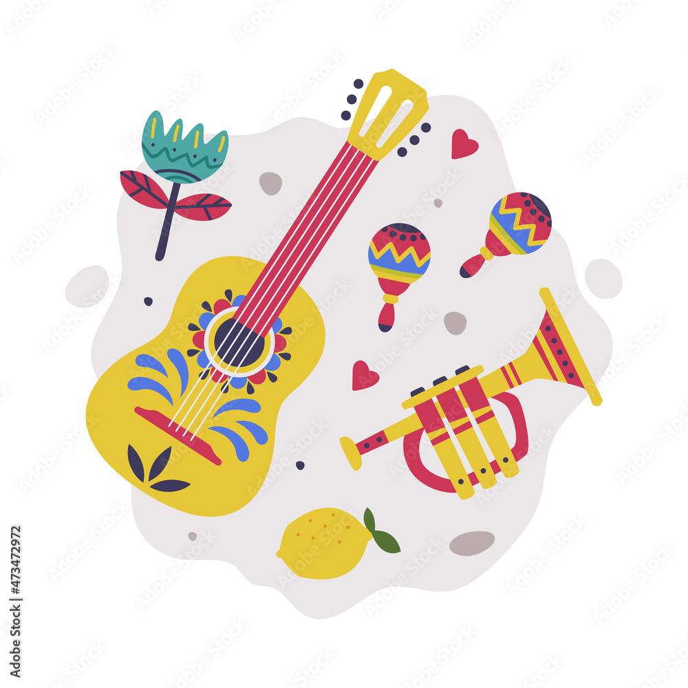 Naklejka premium Bright Mexico Object with Guitar, Maraca and Trumpet Element Vector Composition