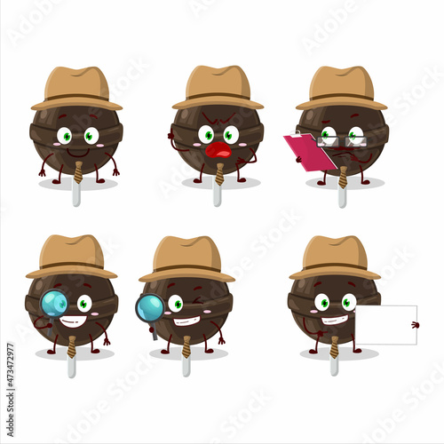 Detective sweet chocolate lolipop cute cartoon character holding magnifying glass
