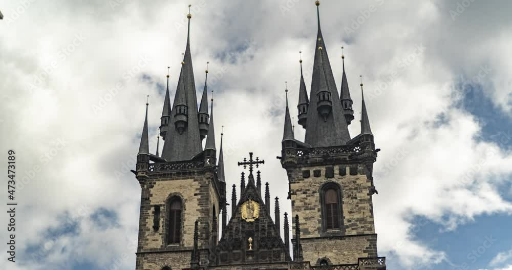 time lapse view on two towers of Church of Mother of God before Tyn with fast moving clouds on background time lapse view on two towers of Church of Mother of God before Tyn with fast moving clouds on background