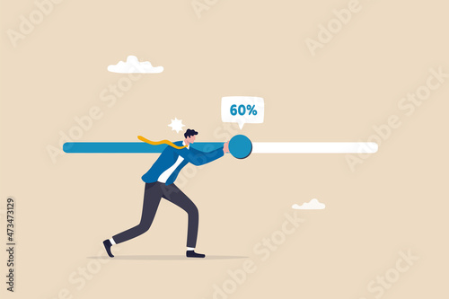 Photo Working project progress, effort to finish work or achieve business success, accomplishment, ambition or career challenge, businessman try hard to push working progress bar to finish in deadline