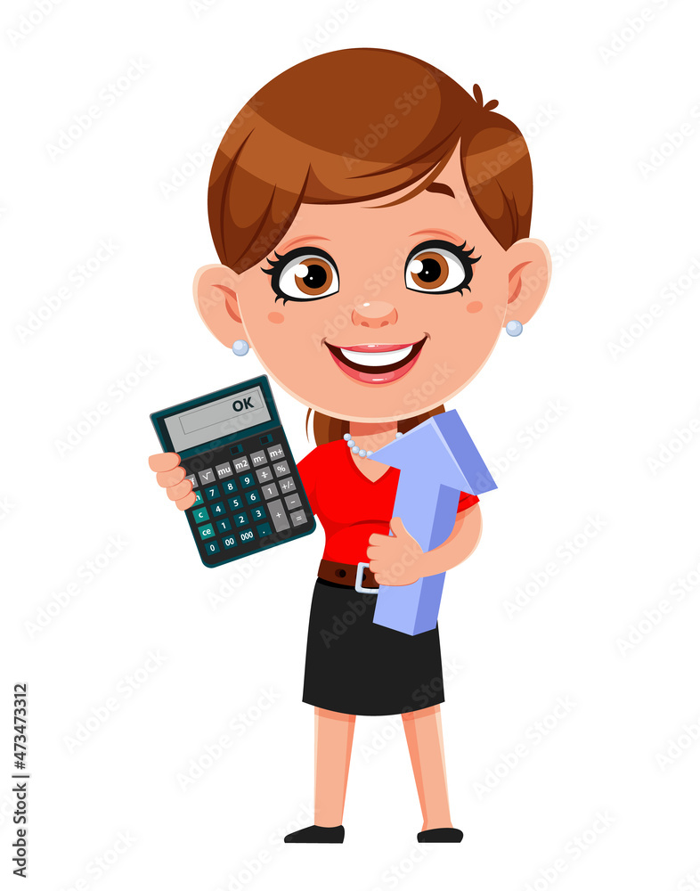 Cartoon business woman with arrow and calculator Cartoon business woman with arrow and calculator