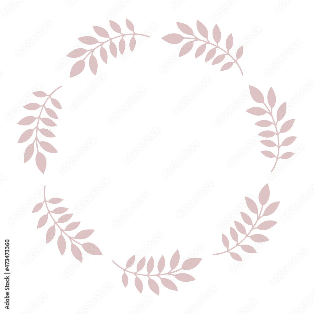Round delicate floral decorative frame of leaves. Template for wedding invitations, cards. Vector simple illustration isolated on white background