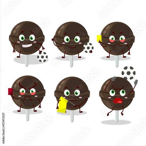 Sweet chocolate lolipop cartoon character working as a Football referee