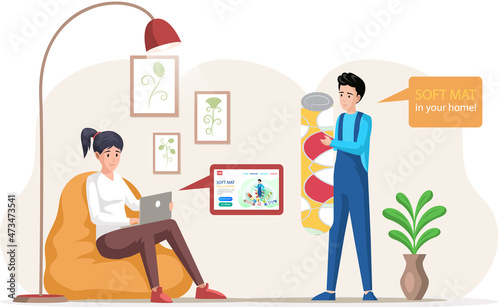 Woman orders carpet in an online store, buys an interior element rug or soft mat, works with tablet and internet. Girl equips apartment, selects design for room, flooring. Floor mat, carpeting service