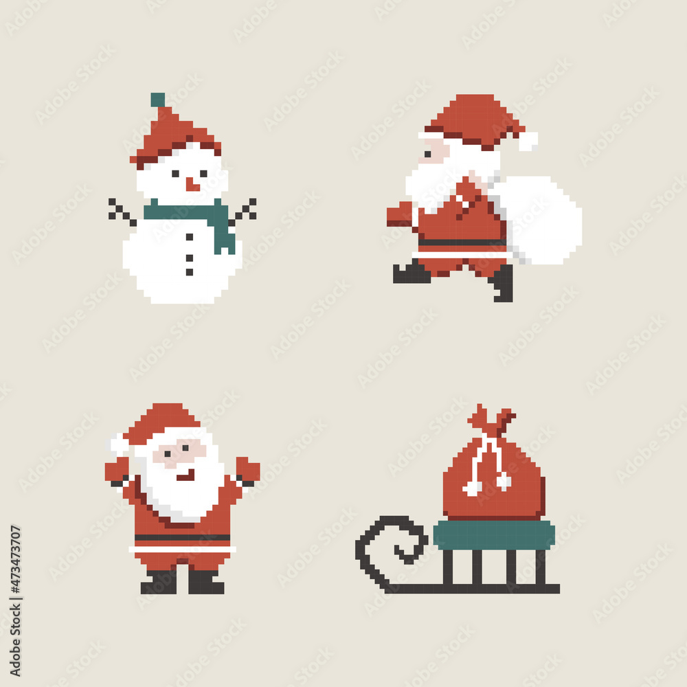 Christmas pixel art with Snowman, Santa Claus, Sled Christmas pixel art with Snowman, Santa Claus, Sled