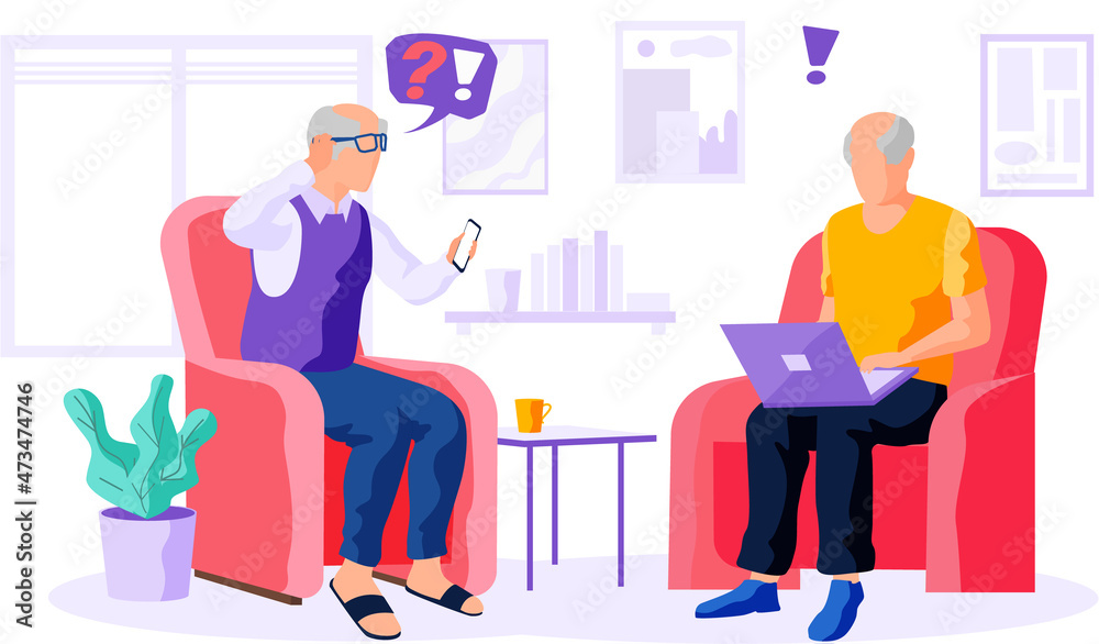 Old people try to use smartphones and surf internet. Cartoon men spend time with phone and computer. Elders learn new technologies and relax in chairs. Characters work and communicate through gadgets