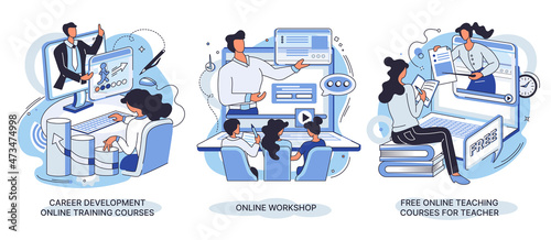 Career development online training courses, online workshop, online teaching courses for teacher. E-learning banners set. Web tutorials concept. Education vlog. Distance web learning with webinar